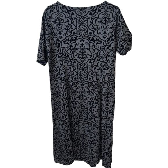 Lands End Size Large Black and Gray Short Sleeve Velvet Flocked Fit Flare Dress - Picture 4 of 7
